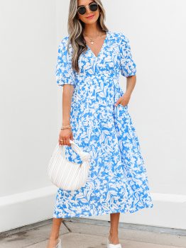 Sky Blue Floral V Neck Puff Short Sleeve Flowy Long Dress