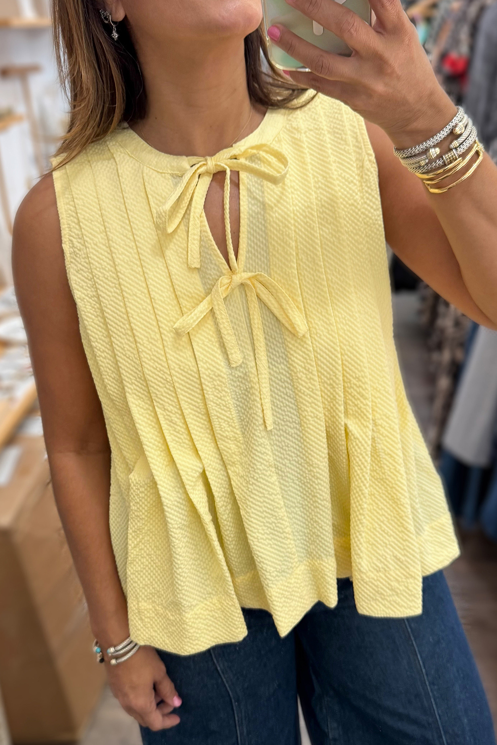 Yellow Cream Bow Tie Notched Neck Pleated Tank Top - Image 2