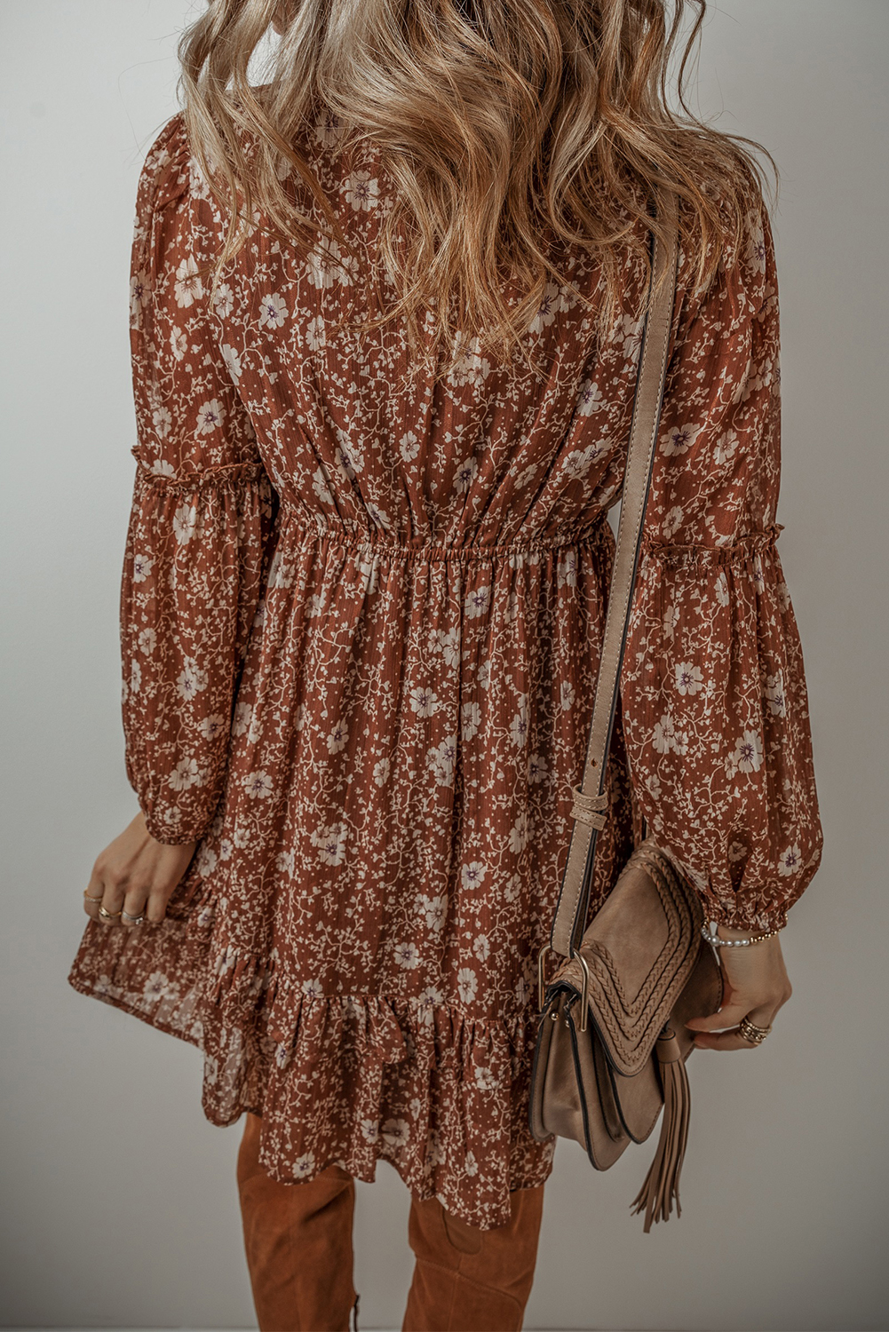 Brown Boho Floral Ruffled Puff Sleeve V Neck Mini Dress - Image 2