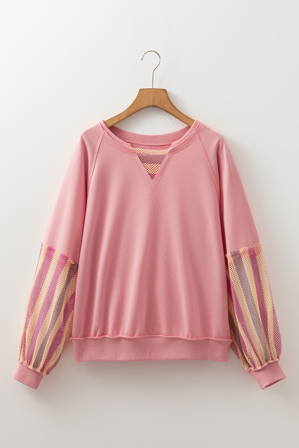 Blossom Striped Mesh Sleeve Patchwork Exposed Seam Casual Pullover Top - Image 4