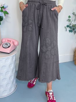Light Grey Flower Patch Mineral Washed Terry Knit Cropped Wide Leg Pants