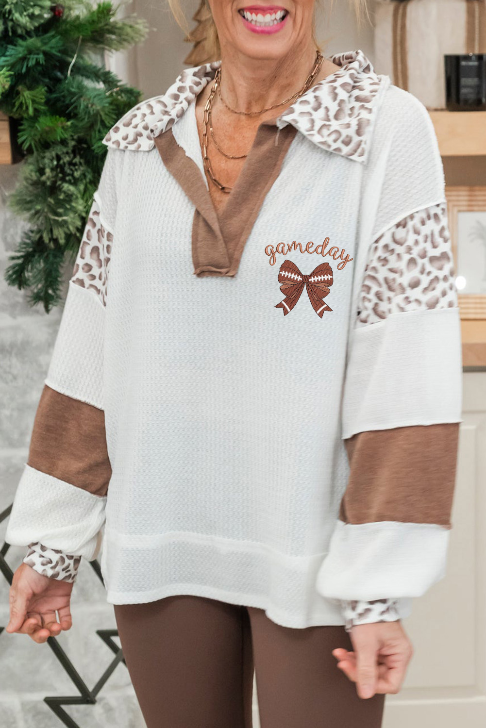 White game day Rugby Bow Embroidered Graphic Leopard Collar Color Block Patchwork Top - Image 5