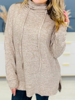 Apricot Drawstring Cowl High Neck Long Sleeve Split Top