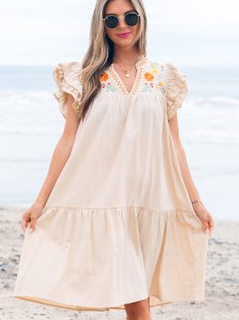 Jet Stream Linen Embroidery Split Neck Pom Pom Ruffle Sleeves Flowy Short Dress