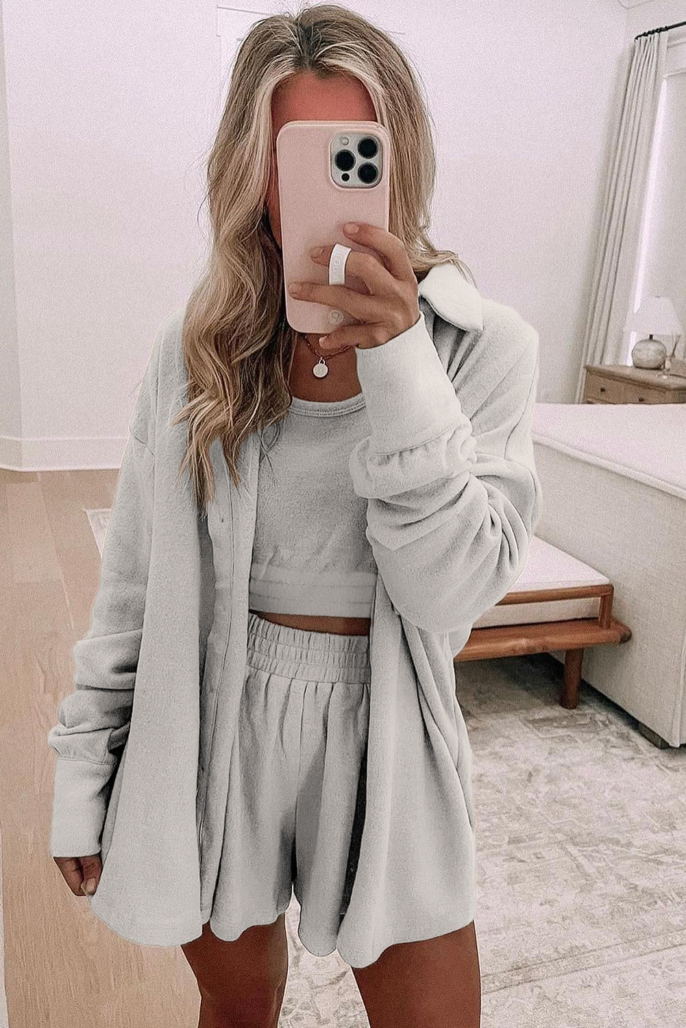 Gray 3 Pcs Crop Tank Top Shorts with Cardigan Lounge Set - Image 2