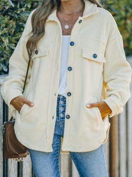 Beige Turn Down Collar Buttoned Shirt Jacket