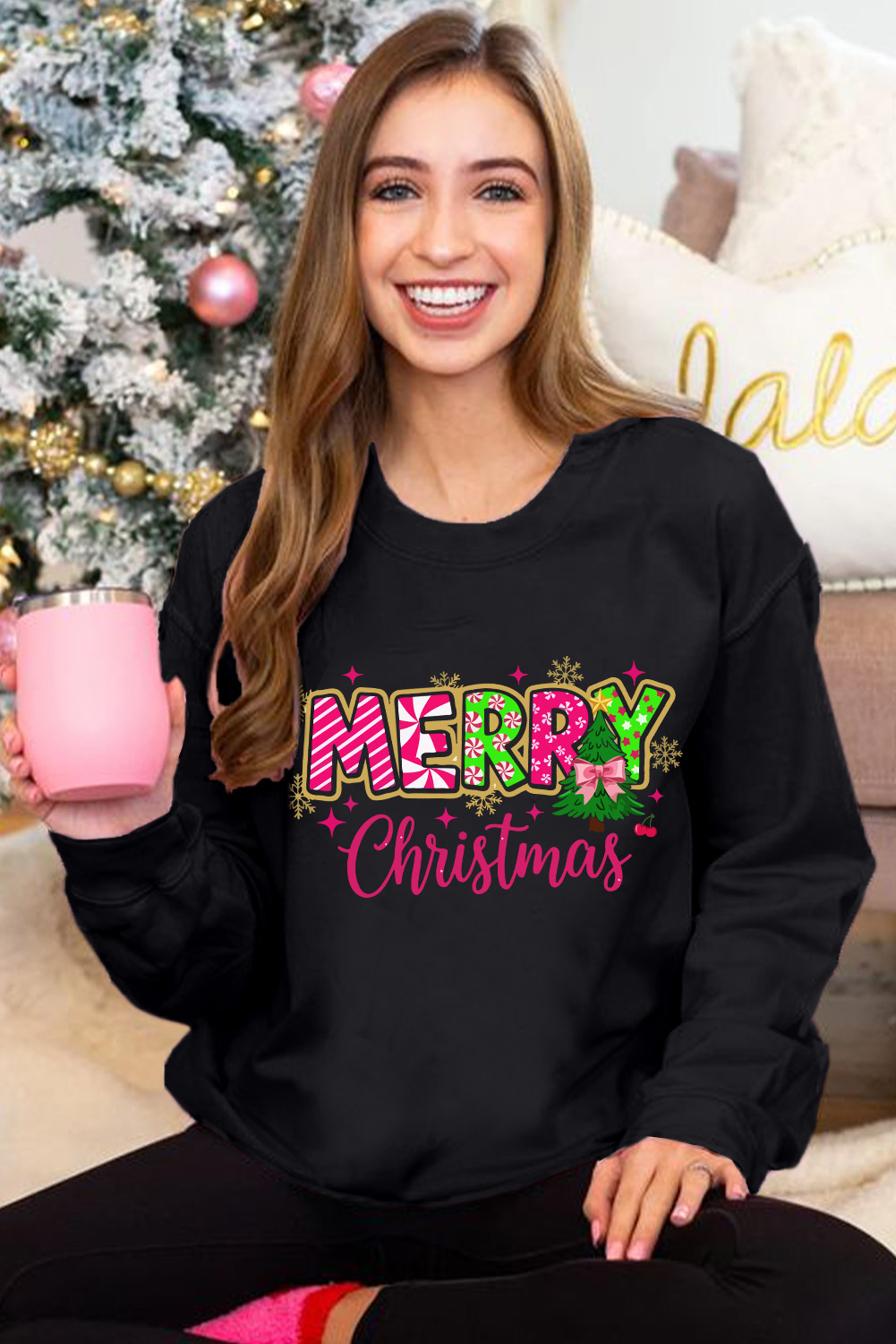 Black MERRY Christmas Playful Letter Print Drop Shoulder Sweatshirt - Image 2