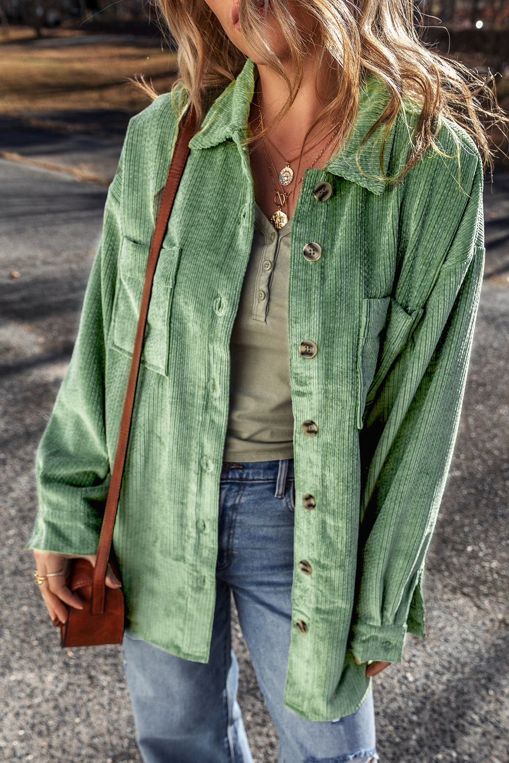 Mist Green Patched Pocket Button Up Corduroy Shacket - Image 4