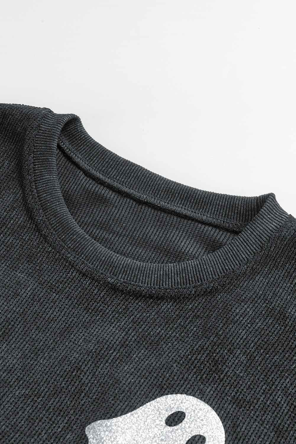 Black Halloween Ghost Corded Crew Neck Loose Sweatshirt - Image 7