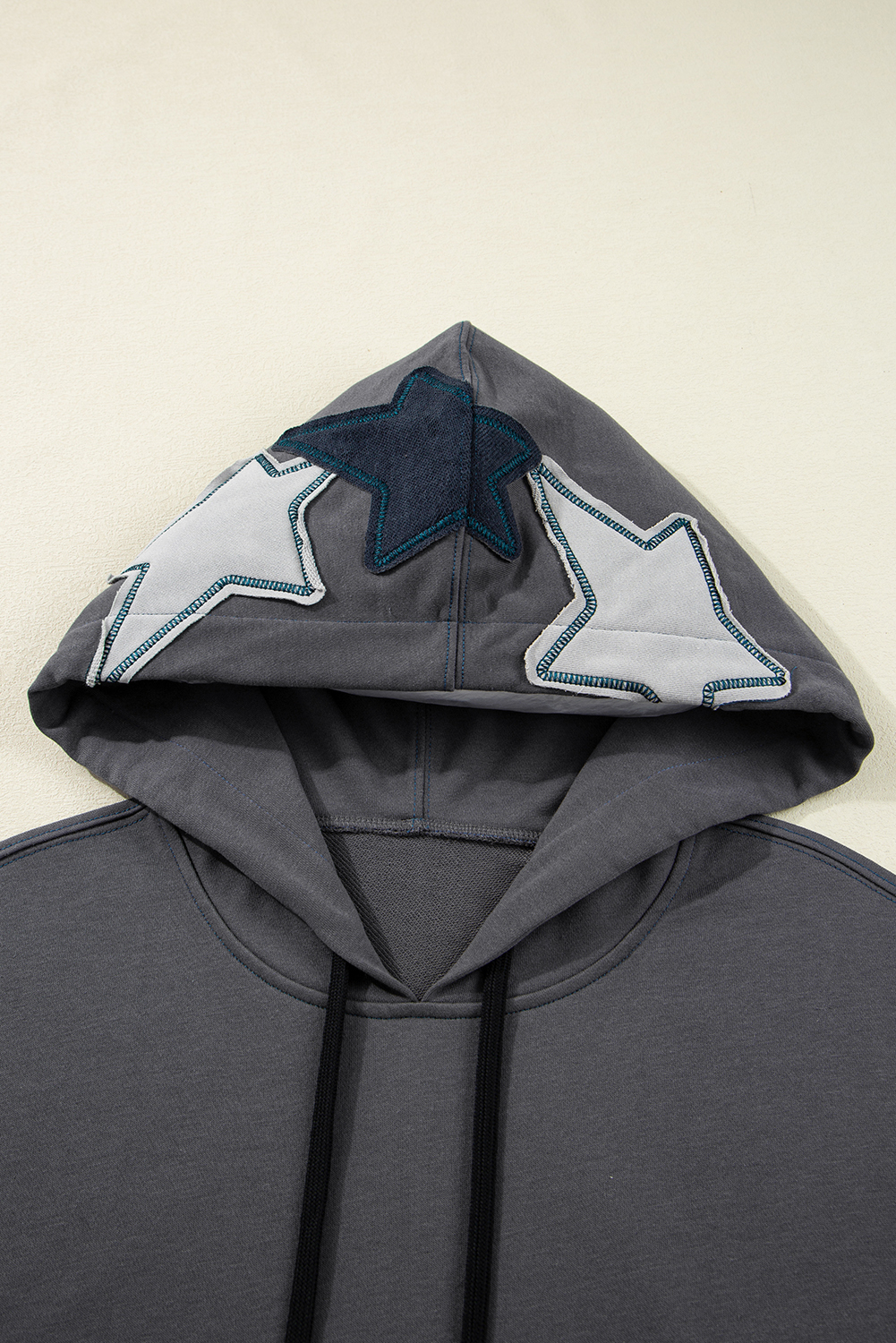 Carbon Grey Star Patchwork Contrast Stitching Mineral Wash Kangaroo Pocket Vintage Hoodie - Image 7
