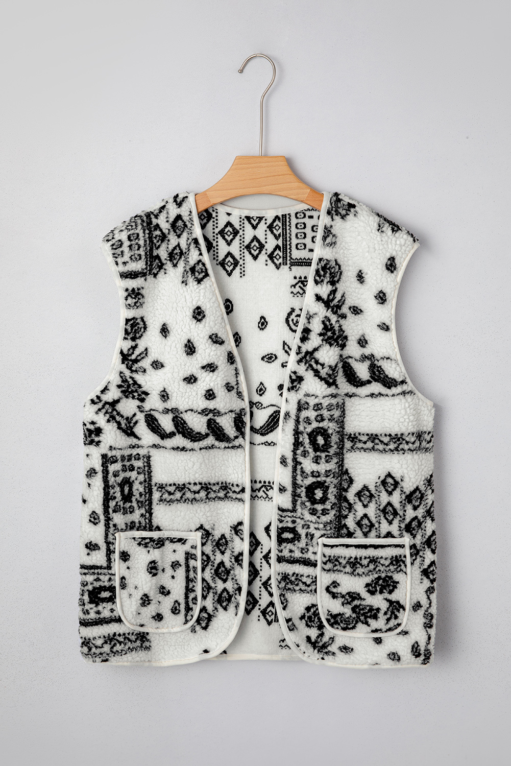 Beige Sherpa Paisley Print Pocketed Western Fashion Vest Jacket - Image 3