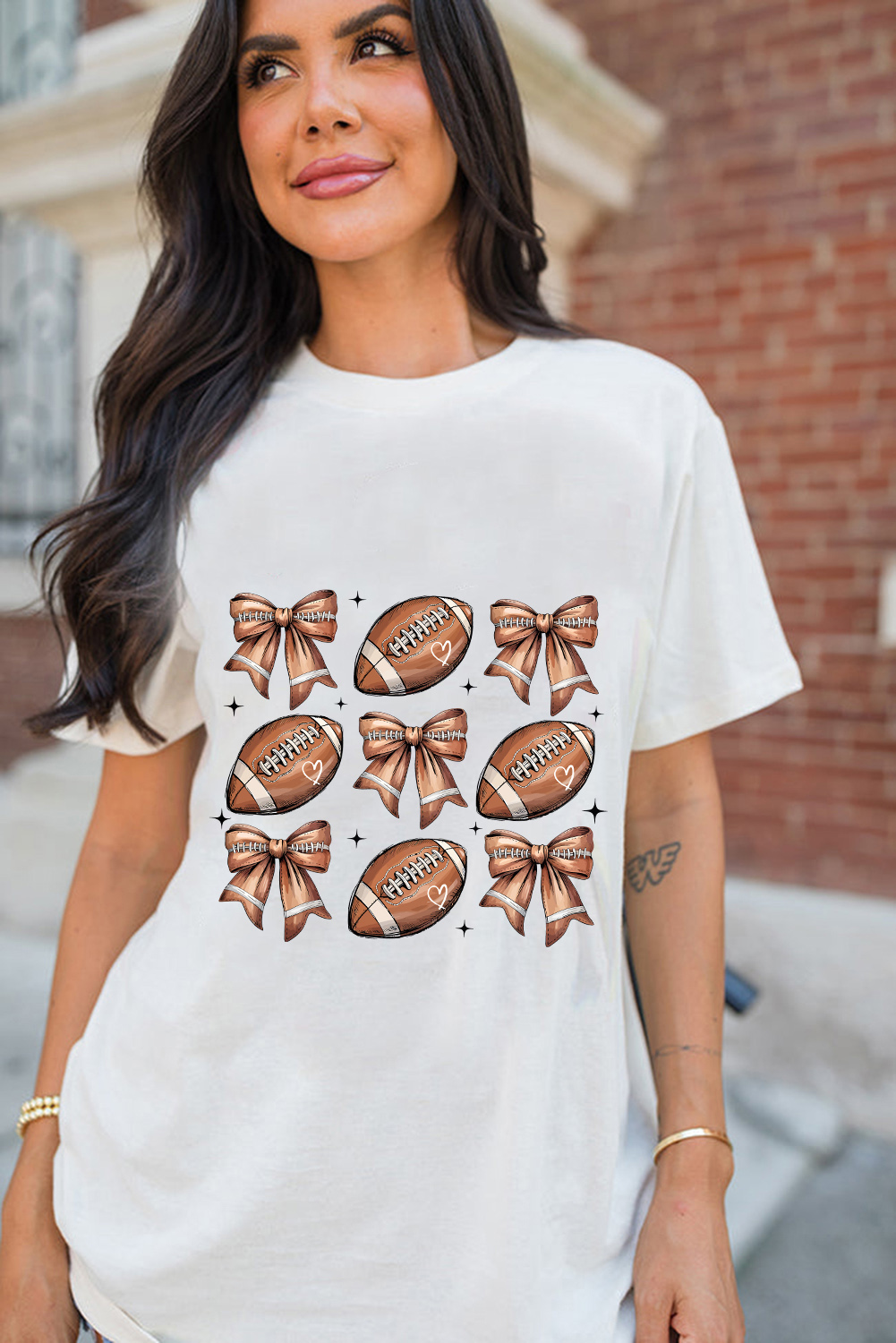 White Football Fashion Bow Print Cotton Blend T Shirt - Image 4