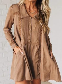 Straw Yellow Lace Trim Peter Pan Collar Long Sleeve Mini Shirt Dress