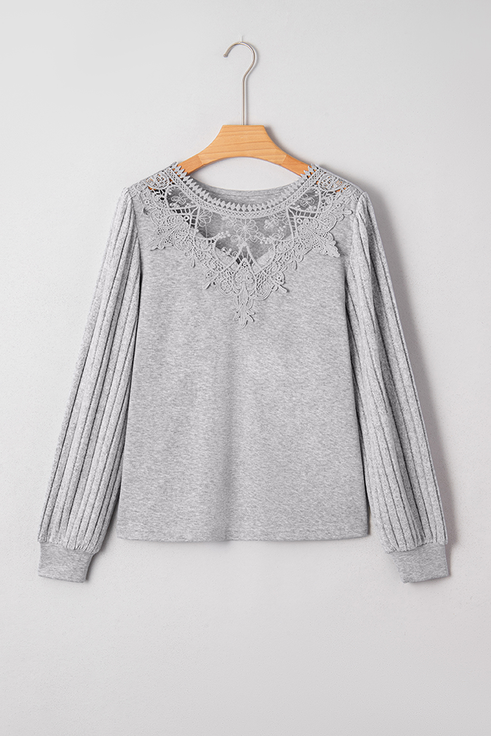 Gray Hollowed Lace Ribbed Knit Long Sleeve Patchwork Top - Image 3