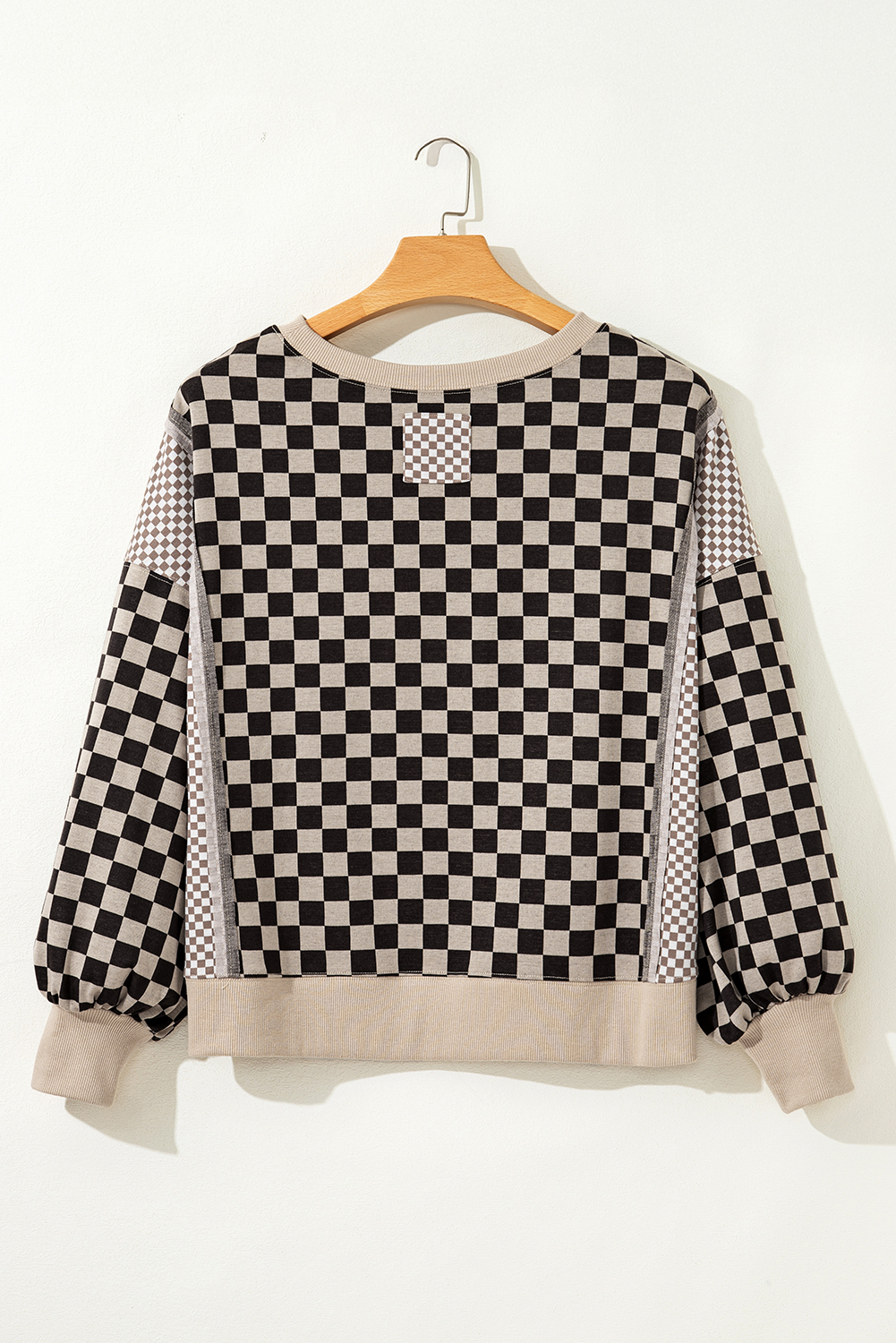 Khaki Mixed Checkered Pattern Patchwork High Low Casual Top - Image 4