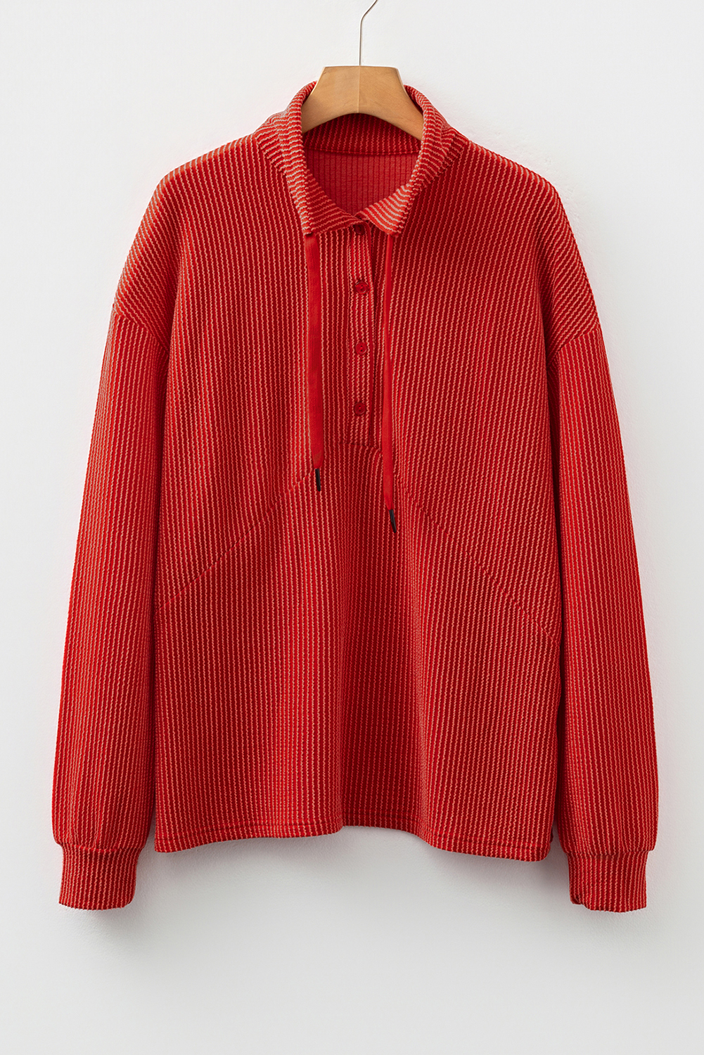 Racing Red Twist Ribbed Half Button Collared Drawstring Pullover Top - Image 8