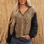 Brown Leopard Patchwork Contrast Stitching Knotted Cuff Quarter Zip Hoodie