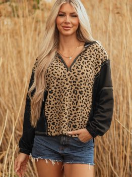 Brown Leopard Patchwork Contrast Stitching Knotted Cuff Quarter Zip Hoodie