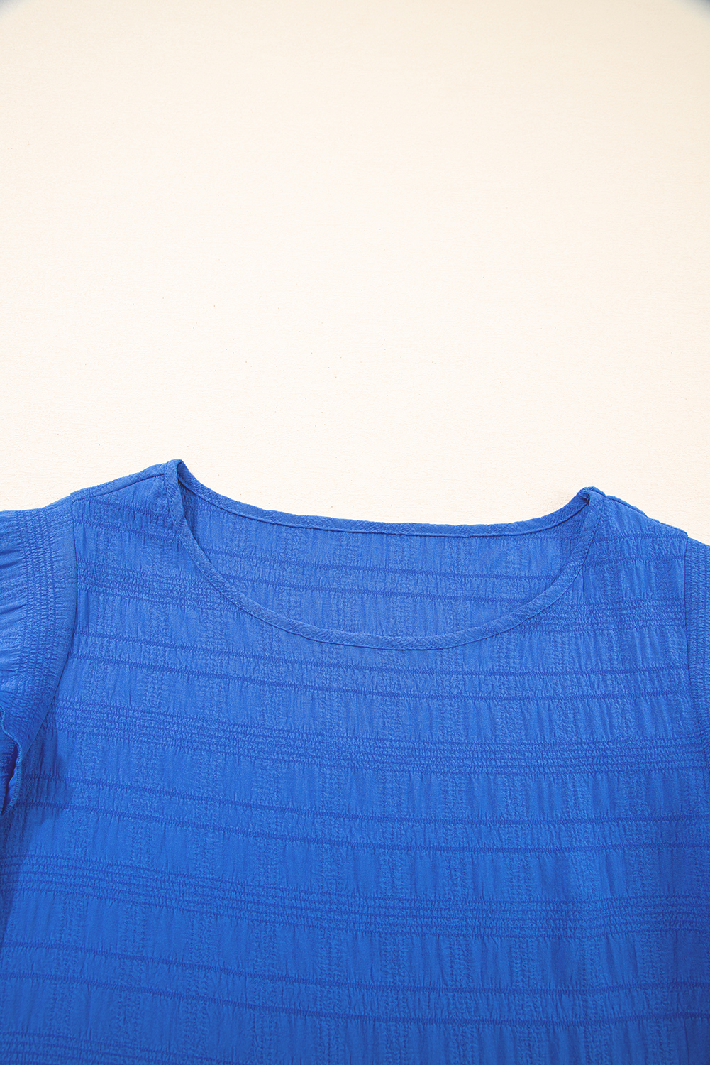 Dark Blue Textured Ruffled Sleeve Round Neck Top - Image 6