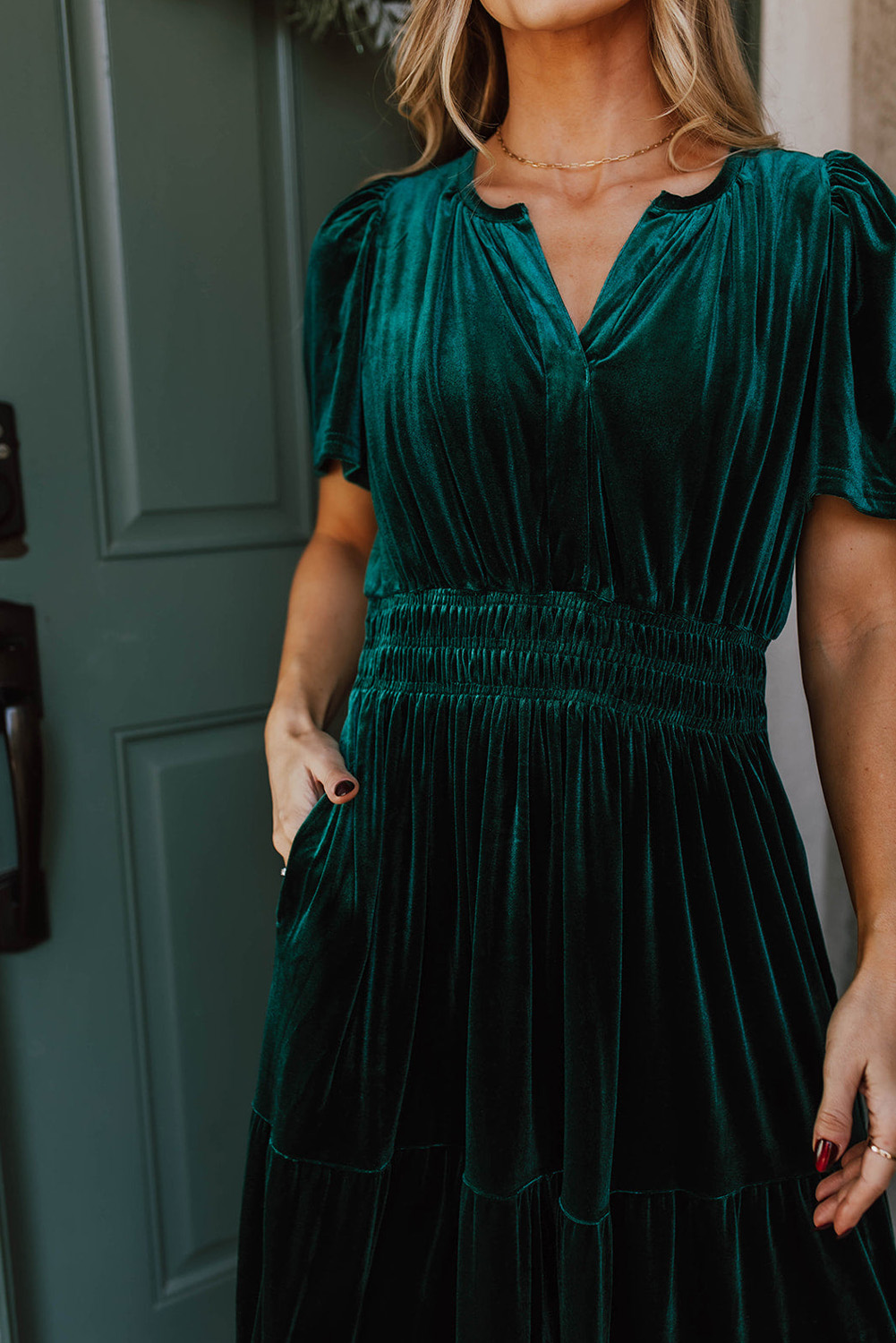 Evergreen Velvet Short Sleeve Shirred Waist Tiered Maxi Dress - Image 8