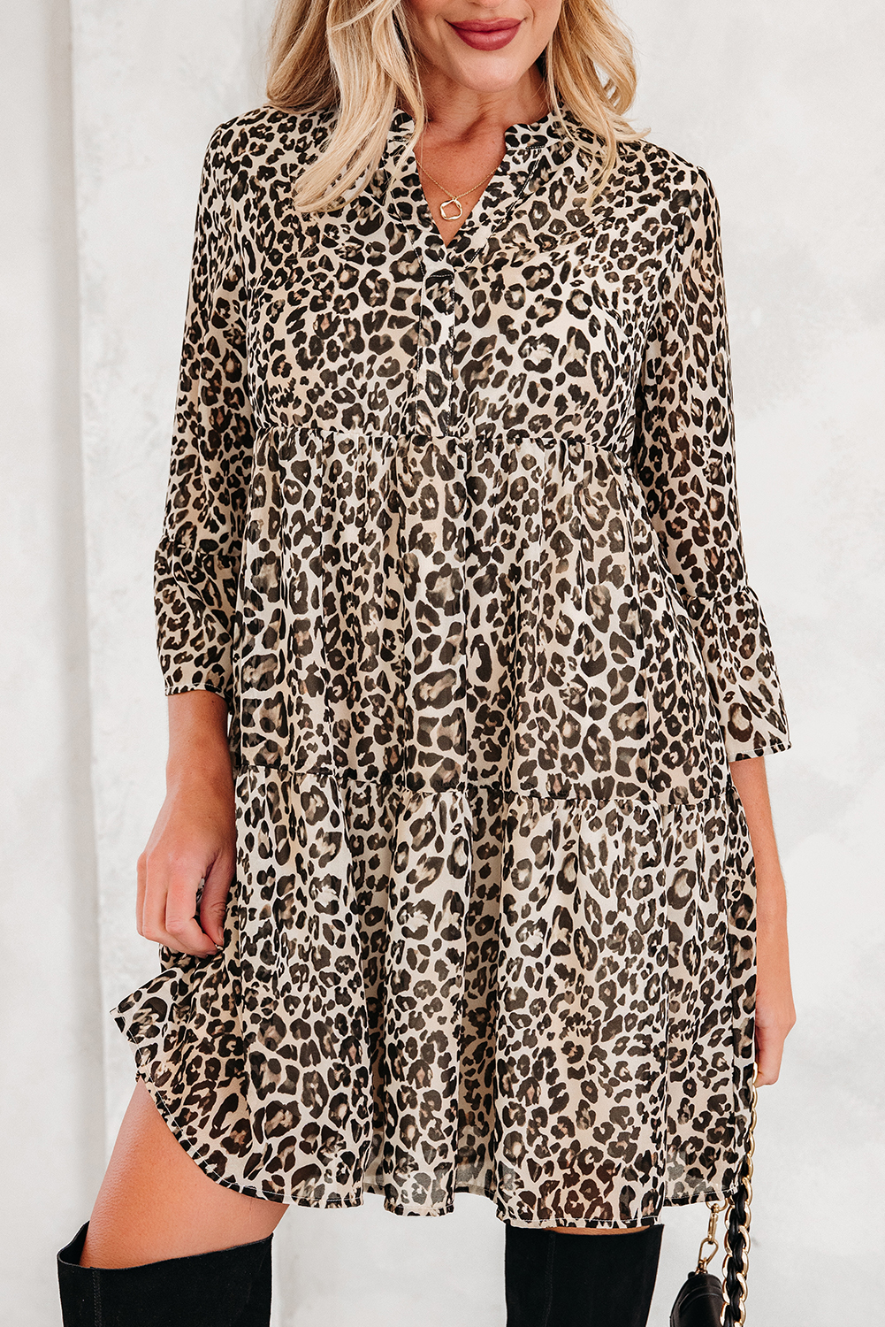 Khaki Leopard 3/4 Sleeve V Neck Swing Dress - Image 5