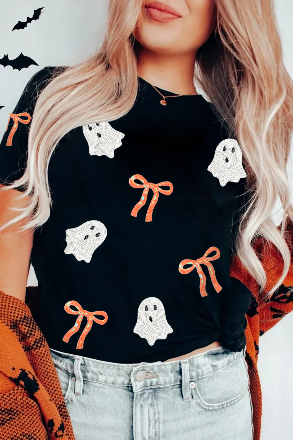 Black Sequin Bow Ghost Patched Halloween Graphic Tee - Image 5