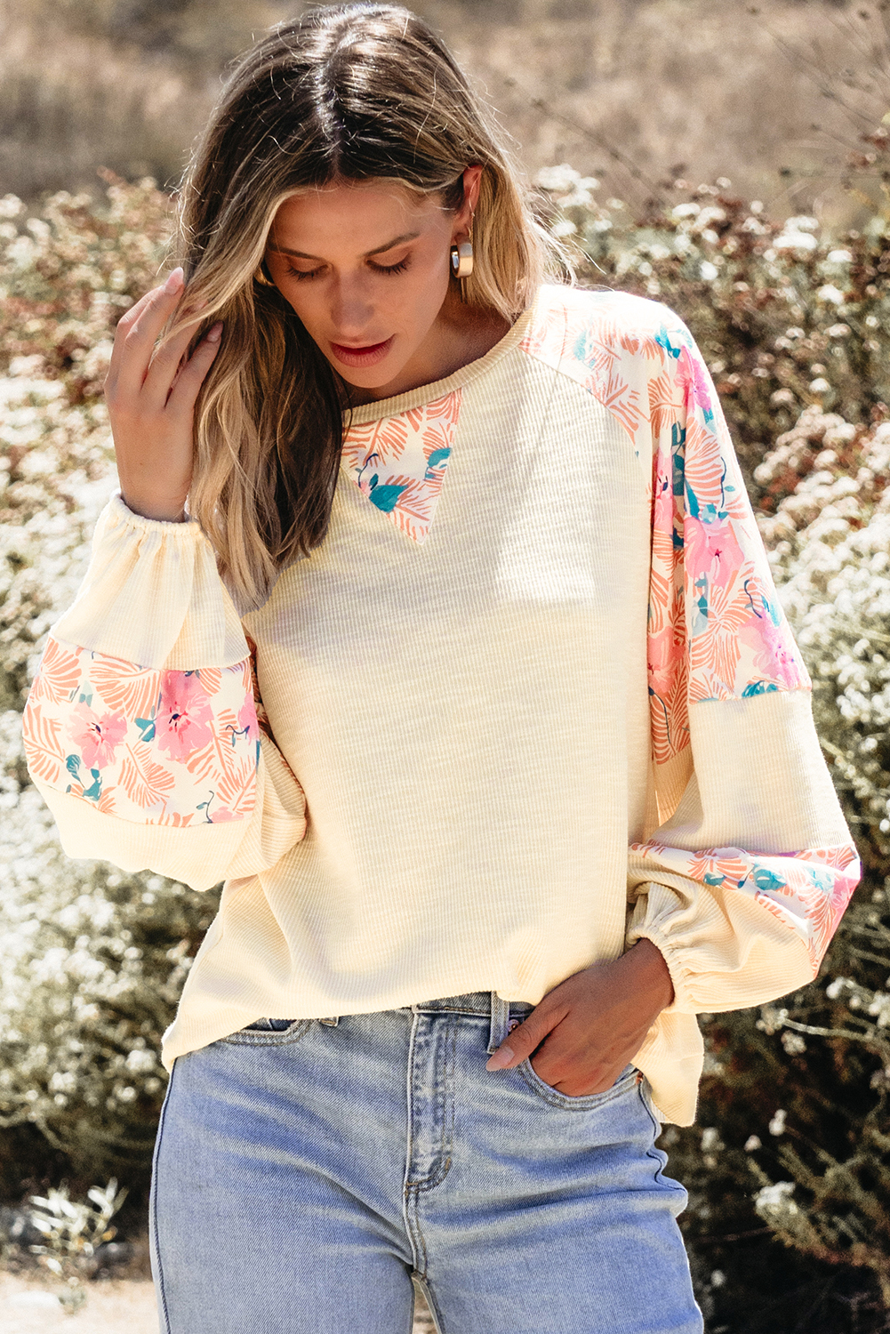 Apricot Textured Floral Patchwork Balloon Sleeve Blouse - Image 3