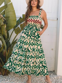 Green Western Aztec Shirred A-line Sleeveless Maxi Dress