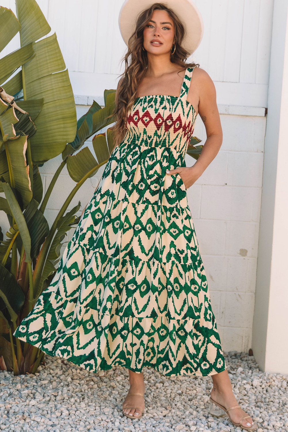 Green Western Aztec Shirred A-line Sleeveless Maxi Dress
