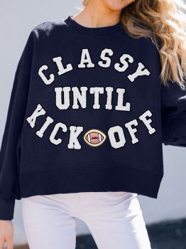 Navy Blue CLASSY UNTIL KICKOFF Plush Letter Patched Loose Sweatshirt