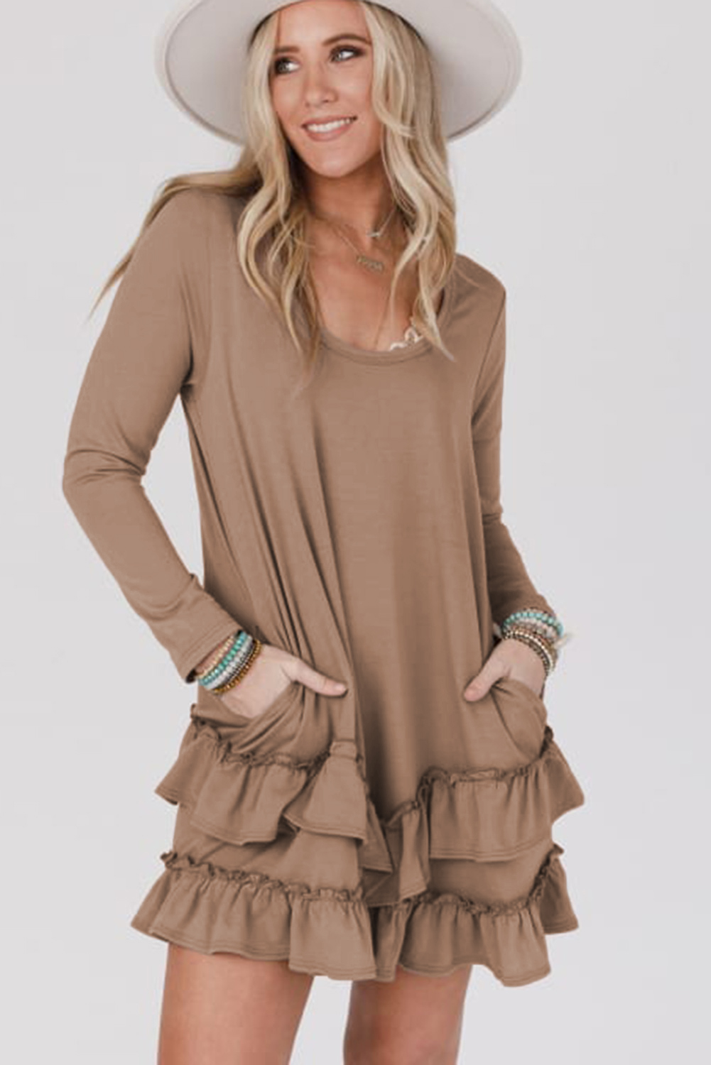 Goat Scoop Neck Tiered Ruffled Hem Long Sleeve Mini Dress - Image 5
