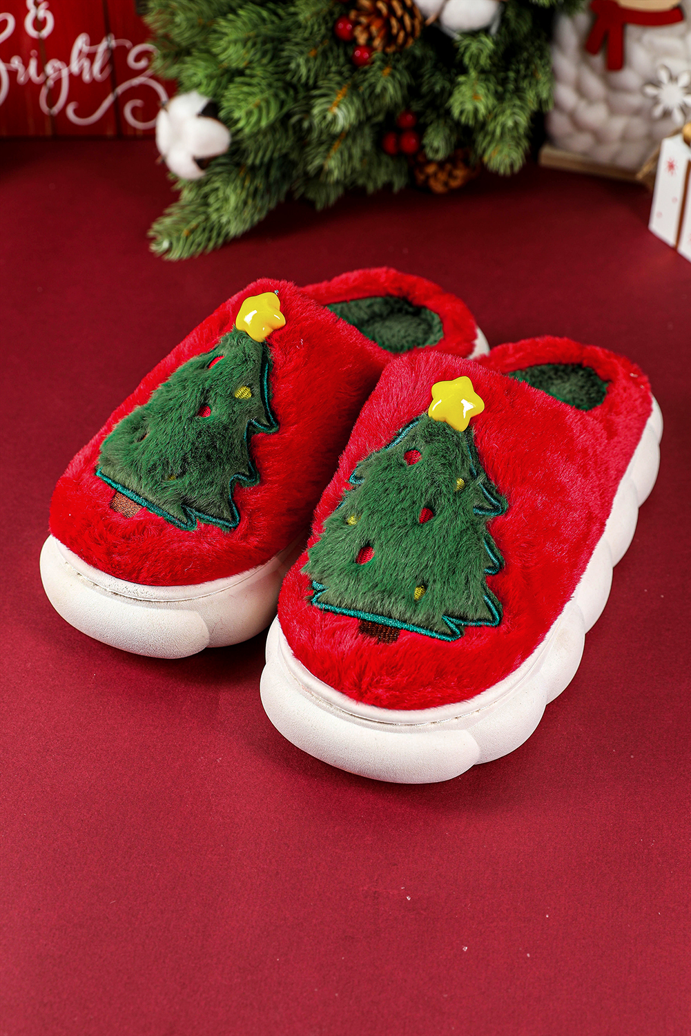 Fiery Red Christmas Tree Graphic Thick Sole Plush Slippers - Image 2