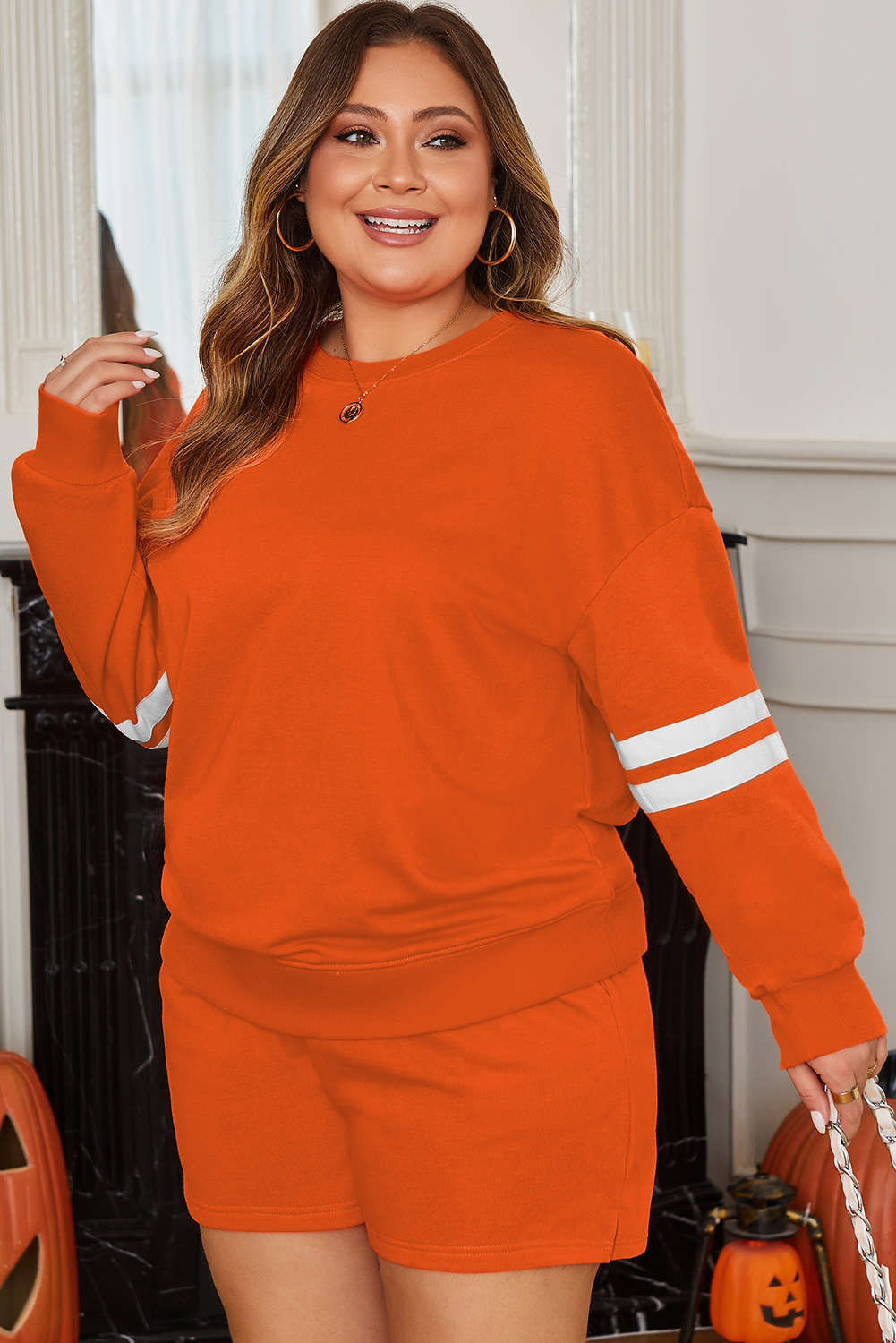 Orange Plus Size Varsity Striped Drop Shoulder Pullover Drawstring Elastic Waistband Short Set - Image 3