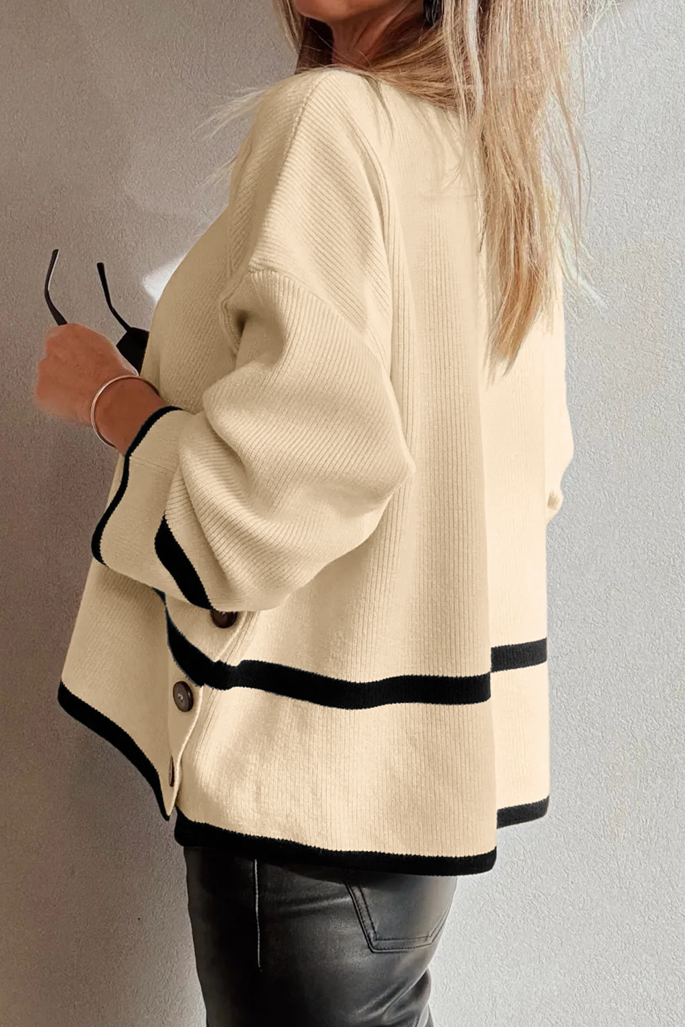 Beige Ribbed Knit Contrasted Stripe Detail Button Side Loose Sweater - Image 2