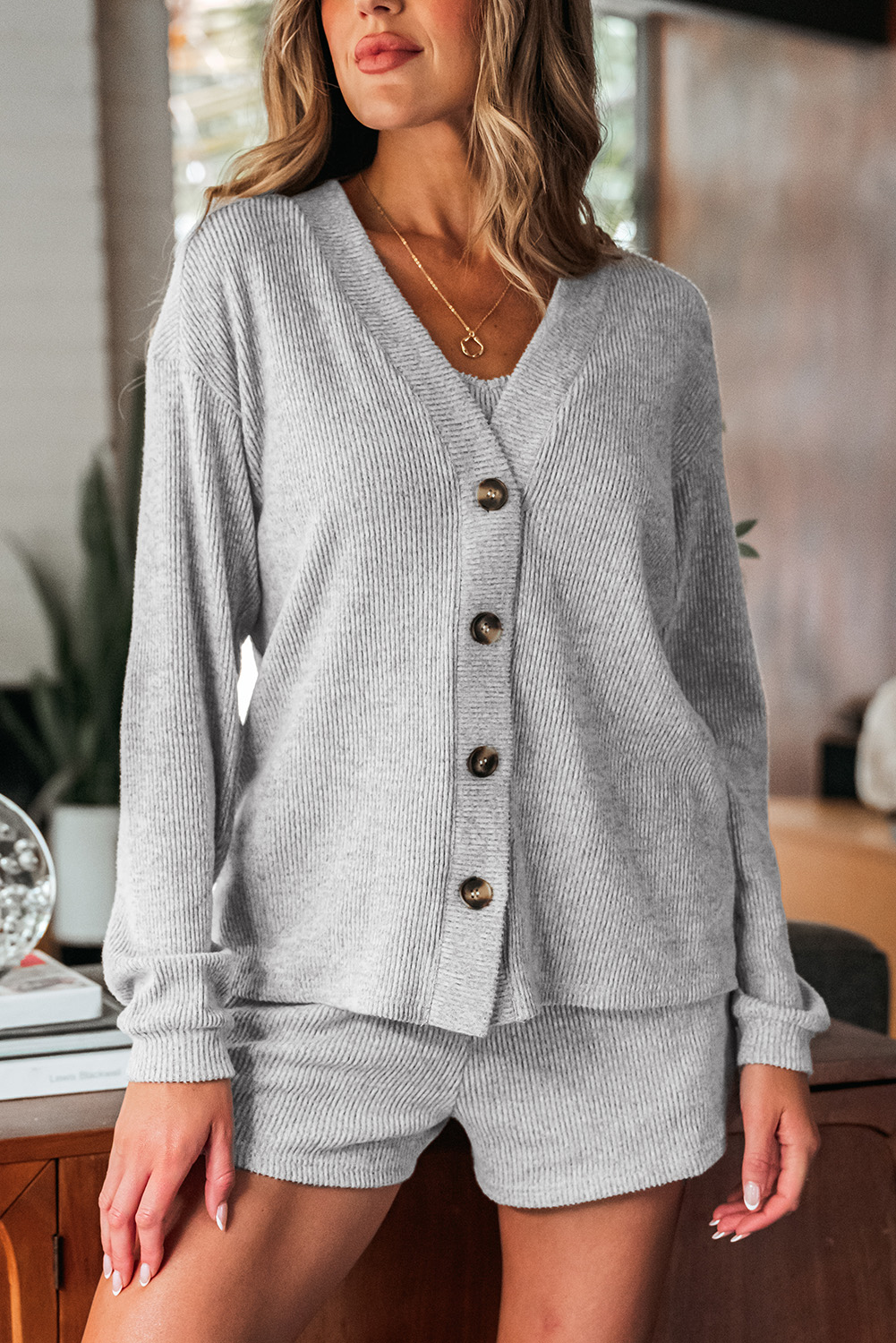 Light Grey 3 Pieces Rib Crop Camisole Matching Shorts Lounge Set with Cardigan - Image 5