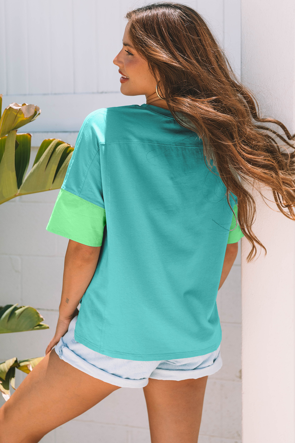 Aruba Blue Frayed Denim Star Patched Oversize T Shirt - Image 2