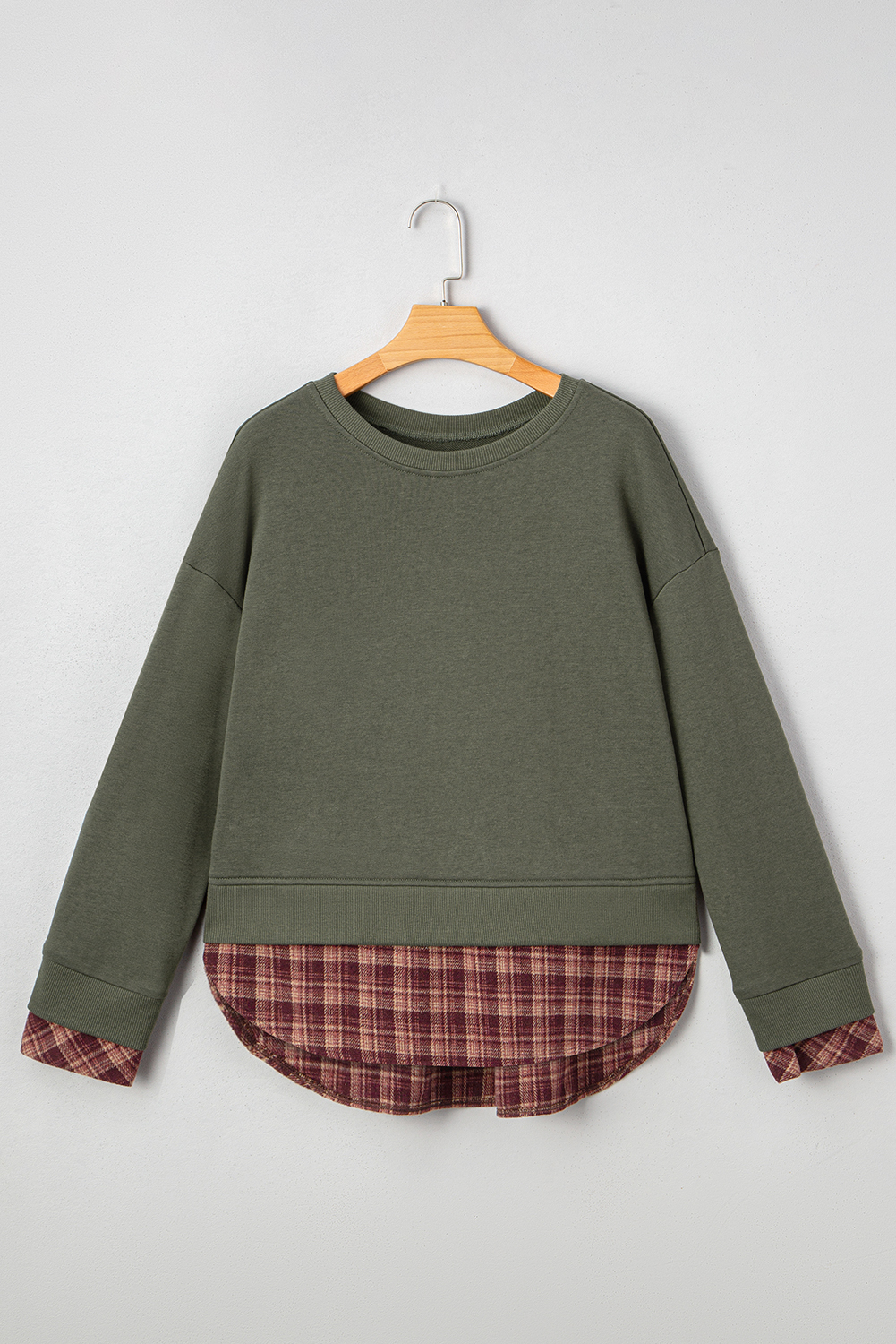 Moss Green Vintage Plaid Patchwork Drop Shoulder Sweatshirt - Image 3