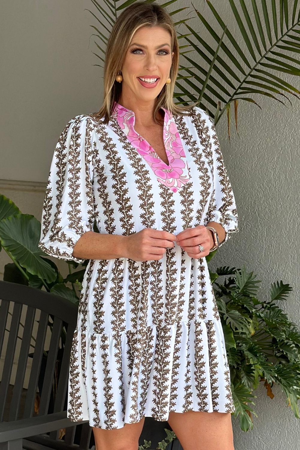 Black Contrast Floral V Neck Printed Bracelet Sleeve Dress - Image 4