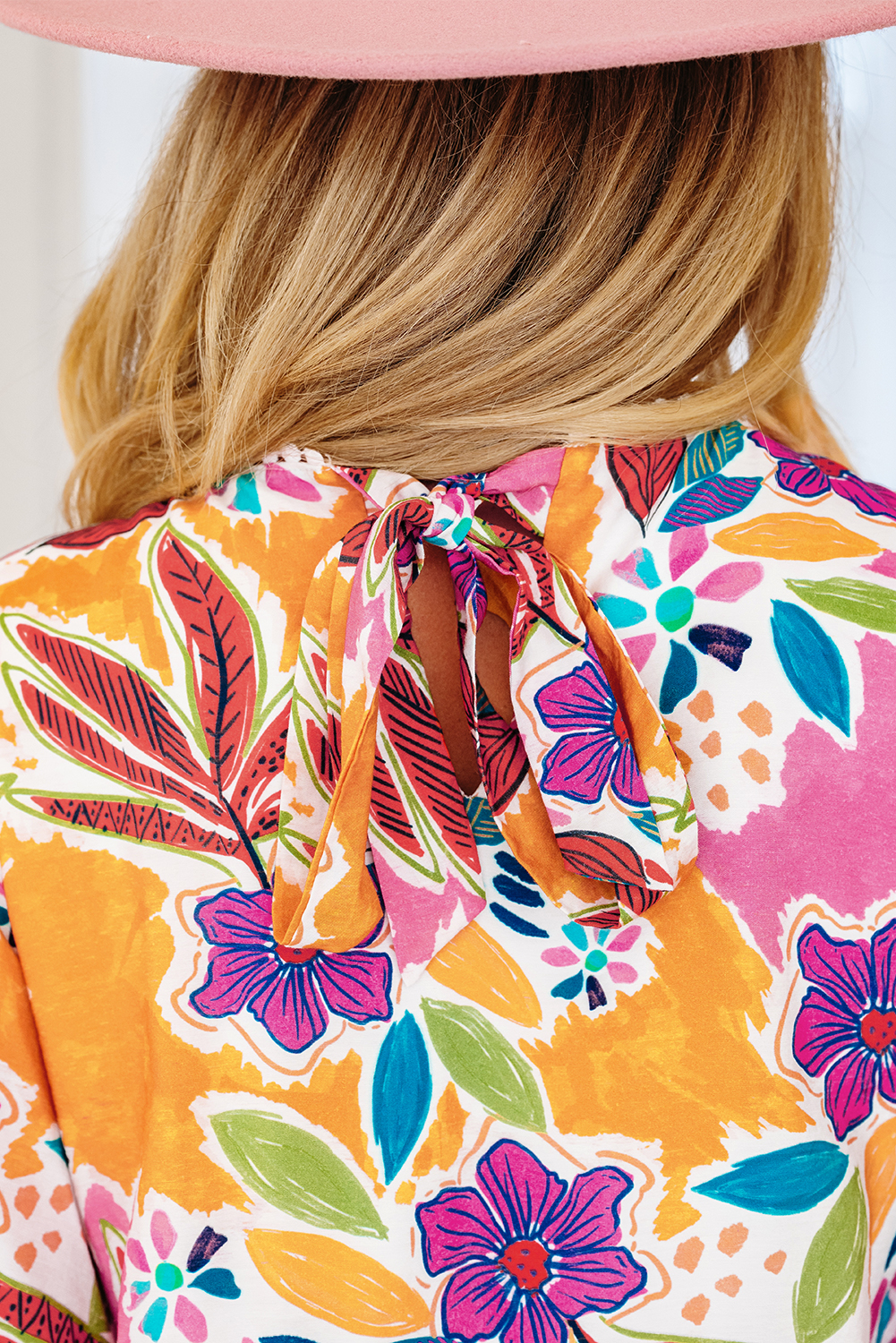 Pink Floral Print Lace Trimmed Tie Back Bell Sleeve Swing Mini Dress - Image 7