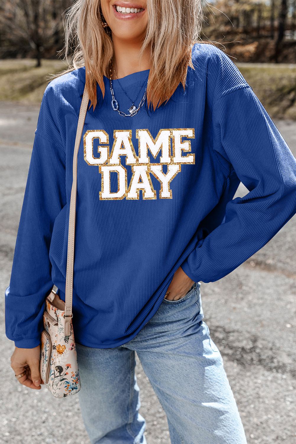 Dark Blue GAME DAY Glitter Detail Ribbed Drop Shoulder Sweatshirt - Image 2