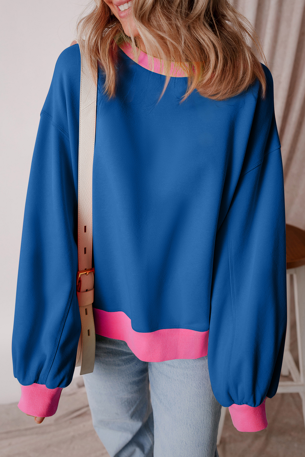 Blue Colorblock Bubble Sleeve Sweatshirt - Image 5