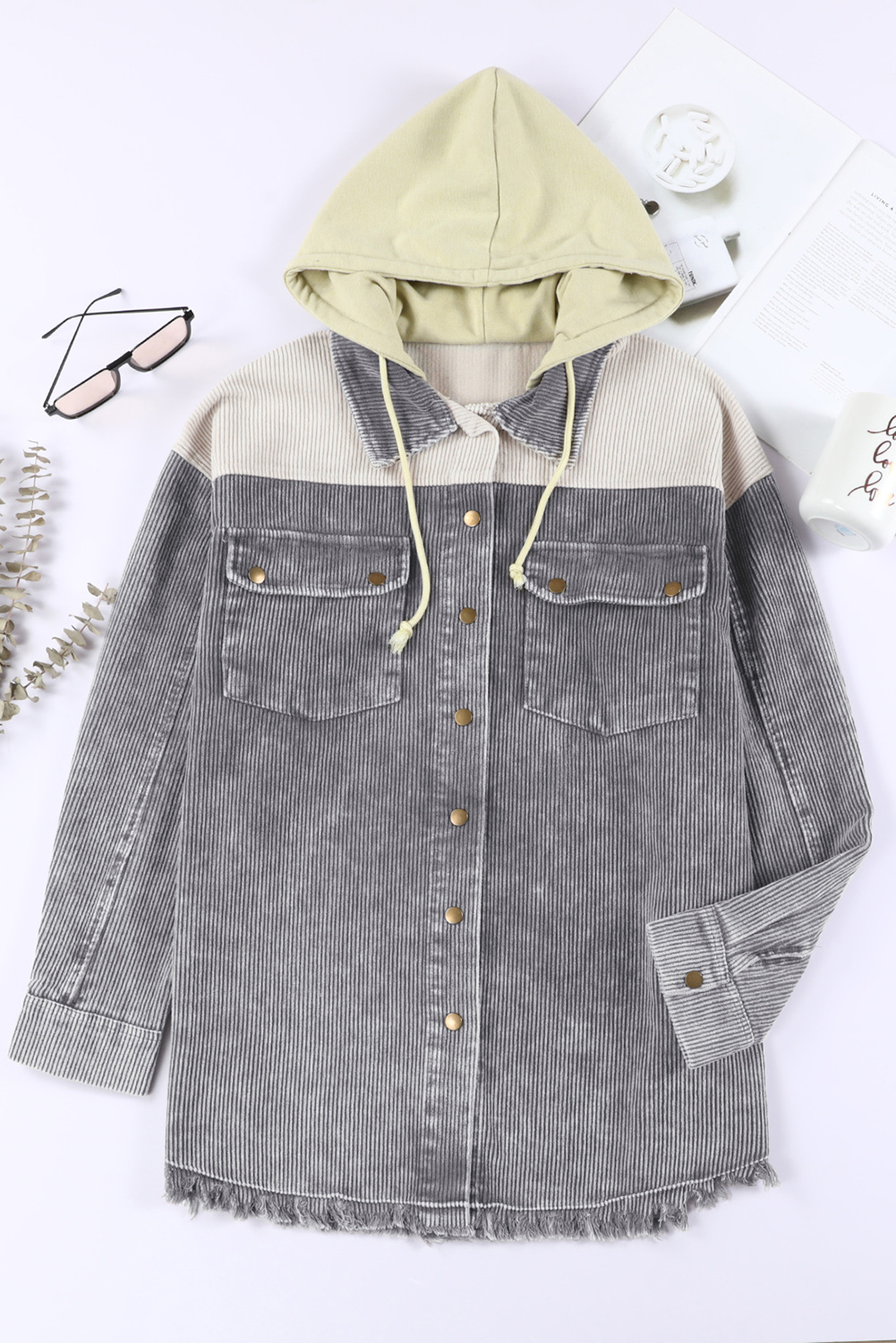 Gray Color Block Button Down Hooded Corduroy Jacket - Image 5