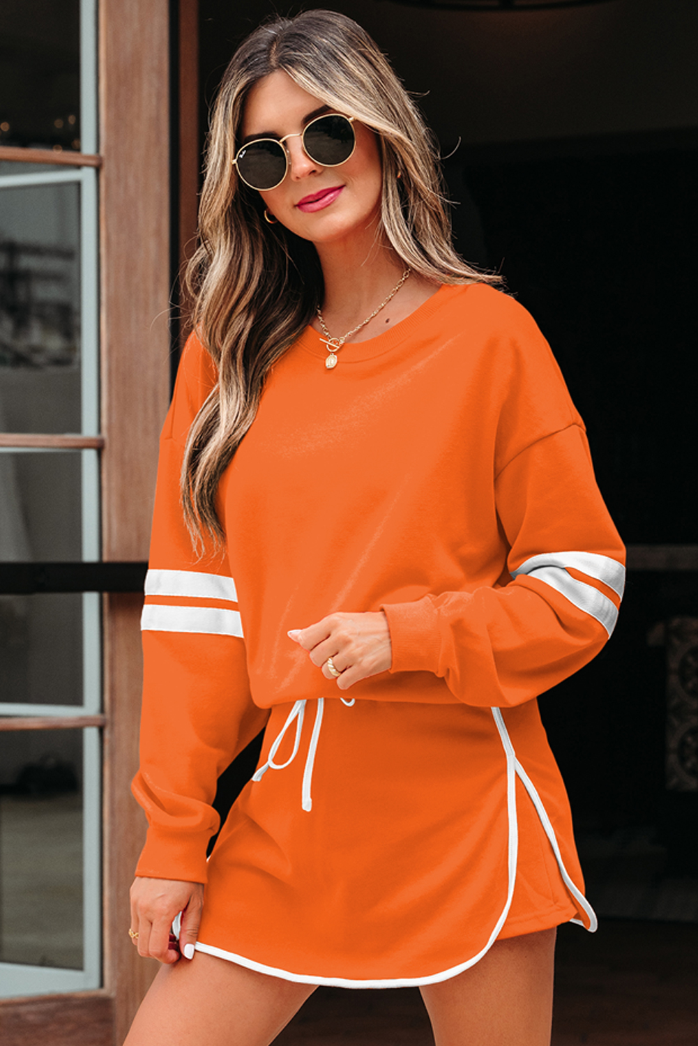 Orange Varsity Stripe Detail Drop Shoulder Pullover Mini Skirt Set - Image 3