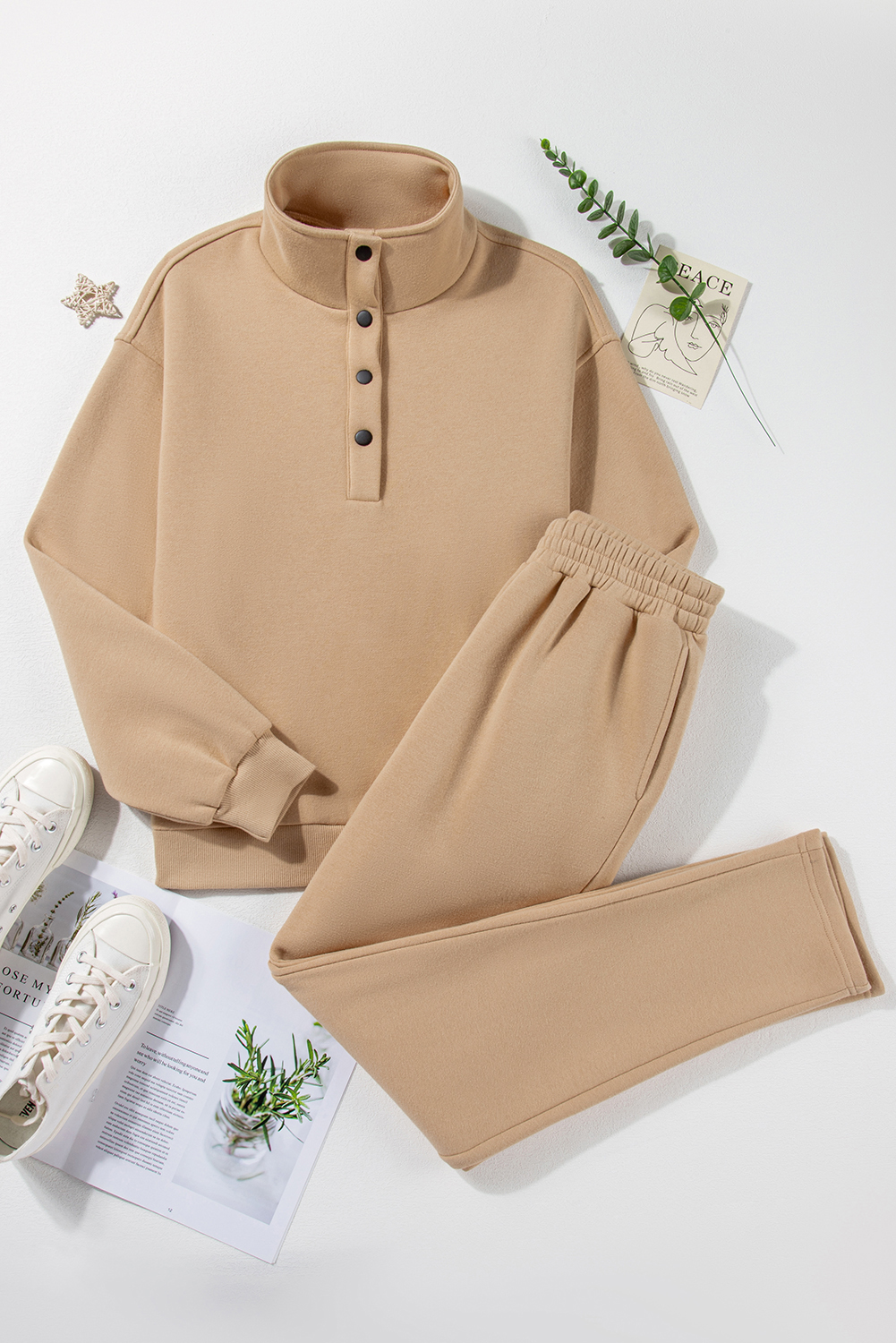 Parchment Solid Half Button Sweatshirt and High Waist Sweatpants Set - Image 8