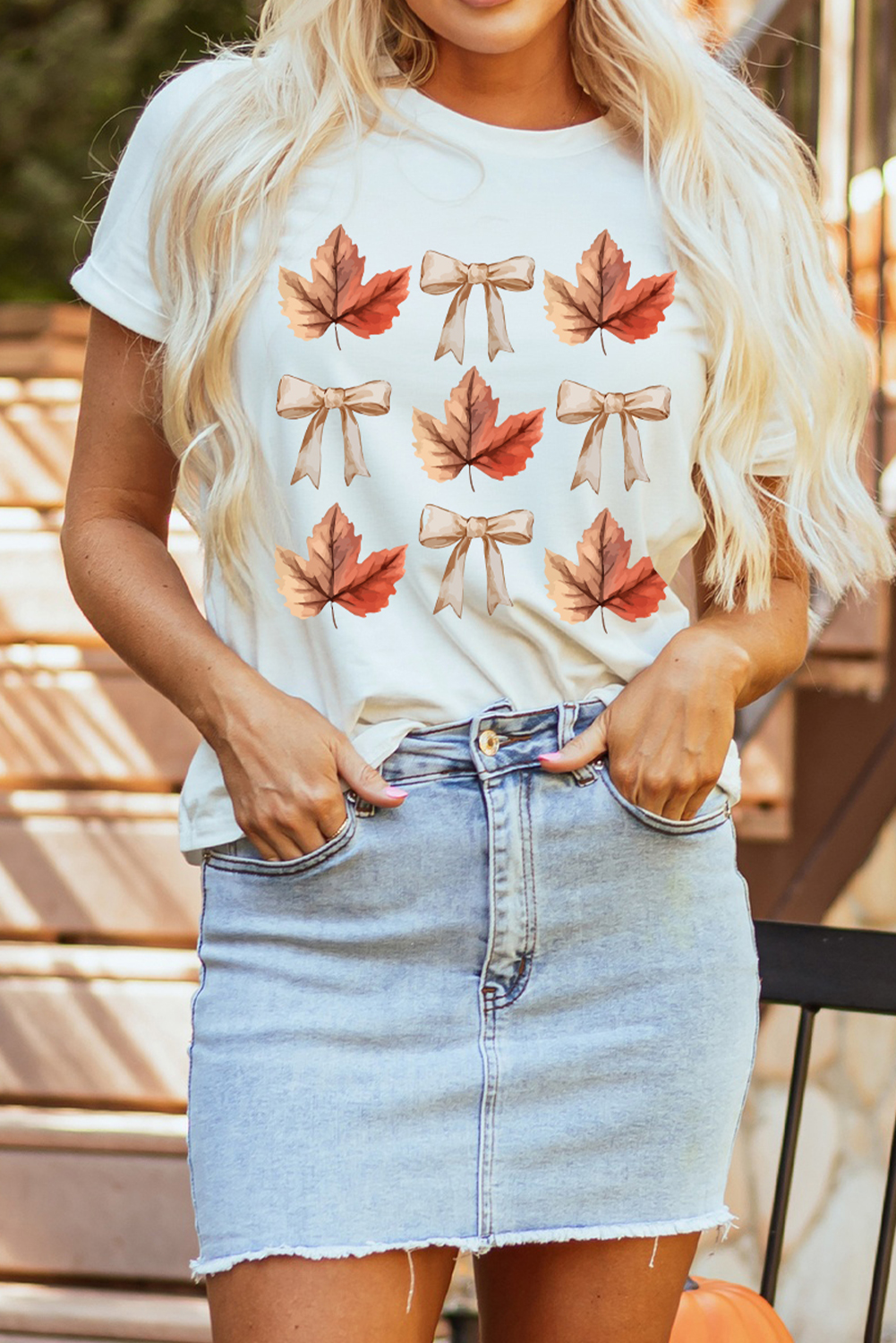 White Fall Leaf Bow Print Thanksgiving T Shirt - Image 2