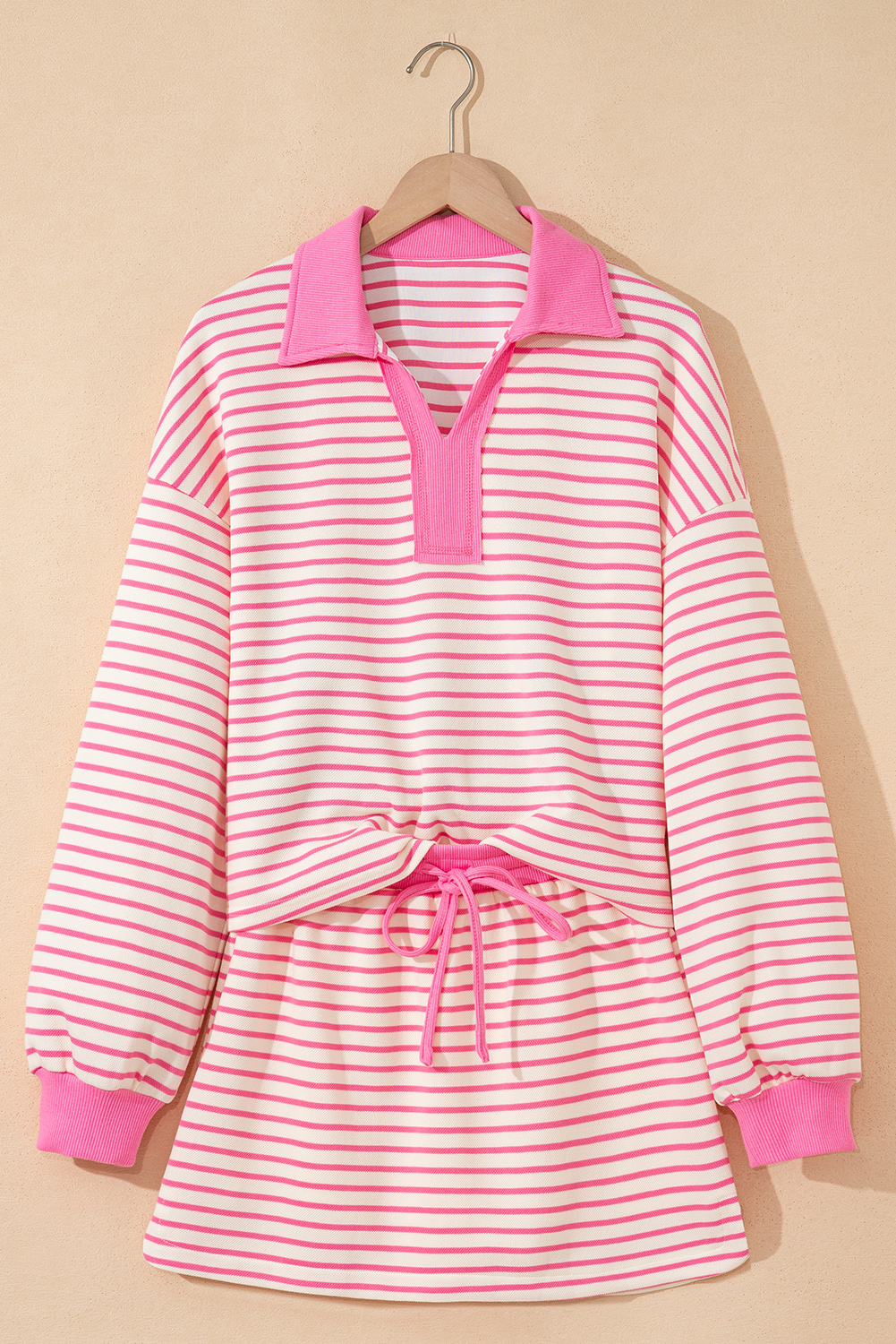 Pink Stripe Collared V Neck Drop Shoulder Pullover and Skort 2pcs Outfit - Image 8