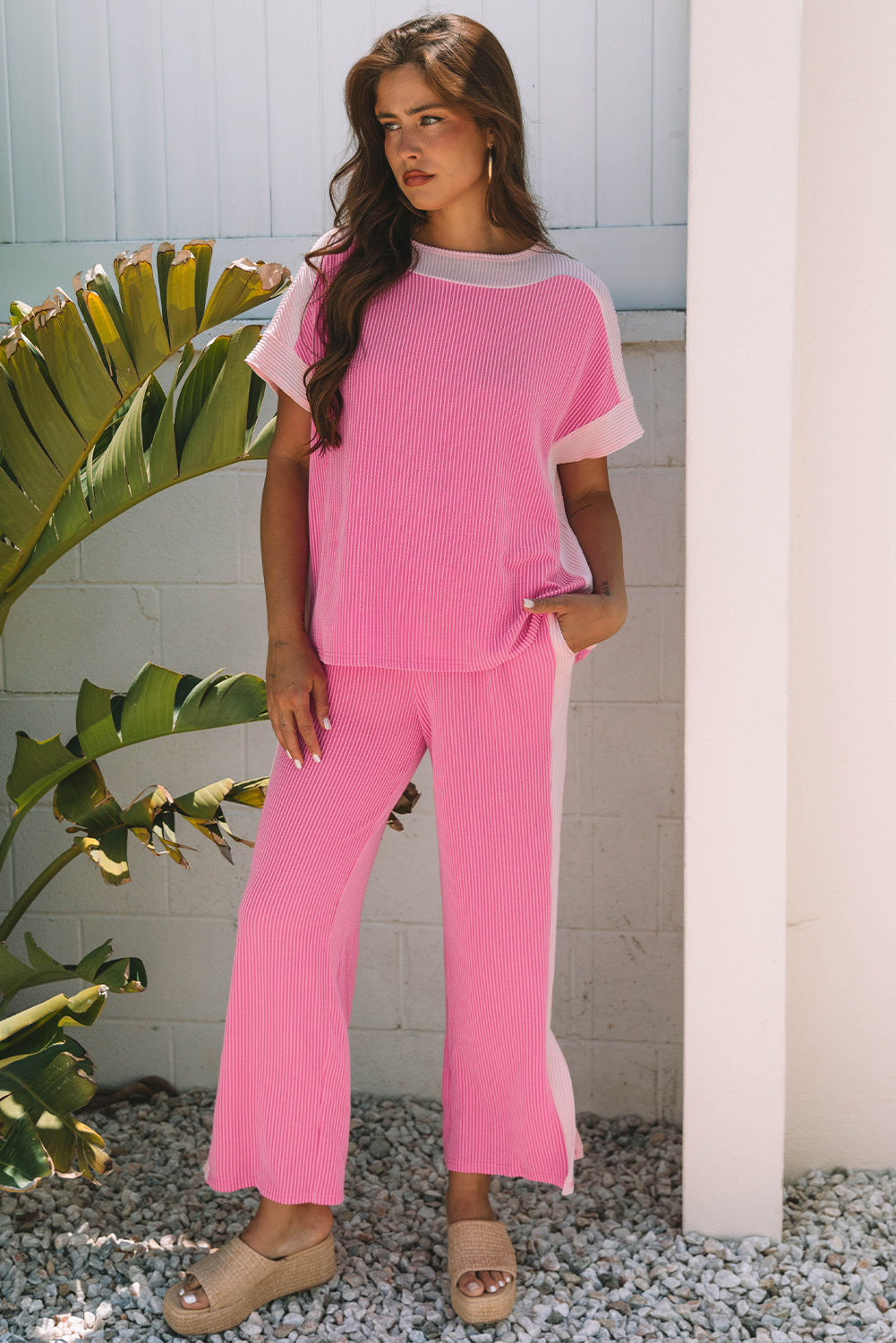 Sachet Pink 2-tone Colorblock Patchwork Corded 2pcs Outfit - Image 5