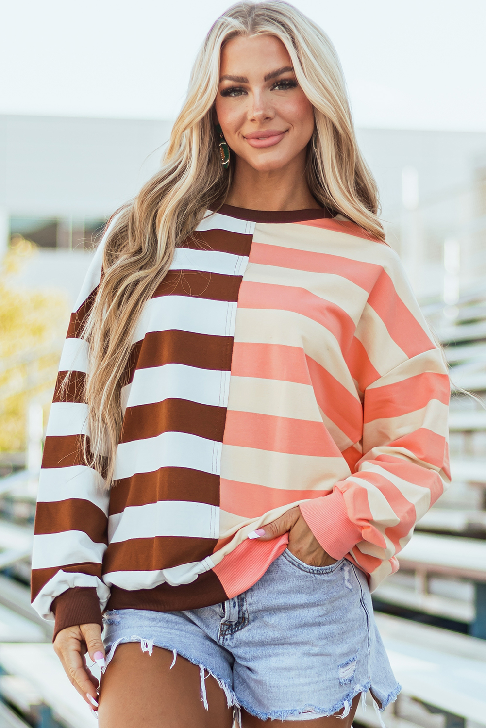Brown Stripe Color Block Drop Shoulder Pullover Sweatshirt - Image 5