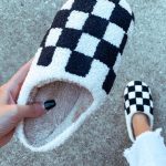 Black Checkered Print Fuzzy Slip On Winter Slippers