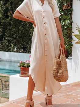 Apricot Crinkled Buttons Maxi Beach Dress with Slits